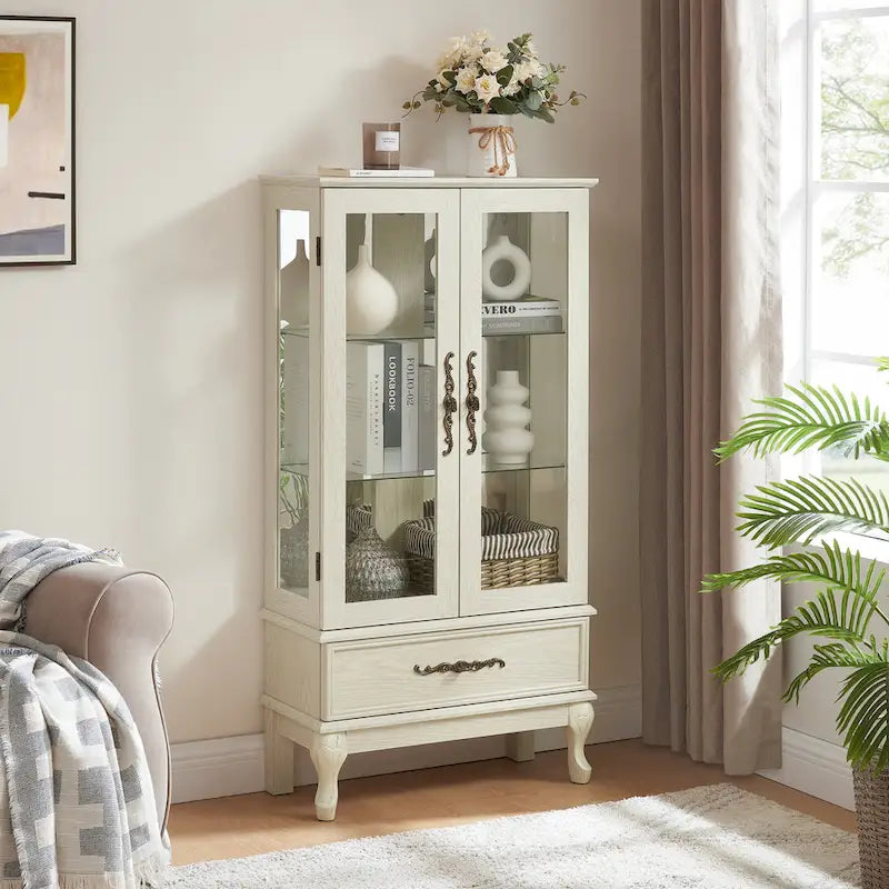 Lighted Glass Cabinet Curio Display Cabinet with Adjustable Glass Shelves 2 Doors and 1 drawer, Glass Wine Cabinet