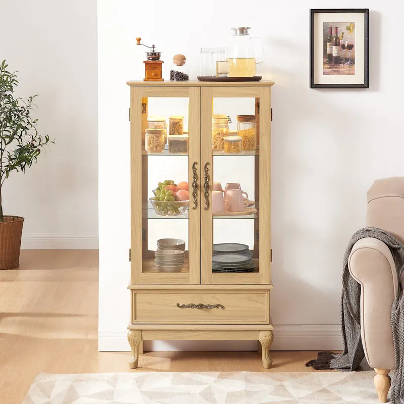 Lighted Glass Cabinet Curio Display Cabinet with Adjustable Glass Shelves 2 Doors and 1 drawer, Glass Wine Cabinet