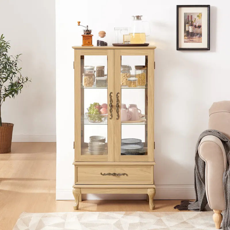 Lighted Glass Cabinet Curio Display Cabinet with Adjustable Glass Shelves 2 Doors and 1 drawer, Glass Wine Cabinet