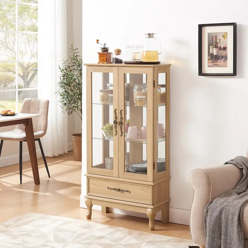 Lighted Glass Cabinet Curio Display Cabinet with Adjustable Glass Shelves 2 Doors and 1 drawer, Glass Wine Cabinet