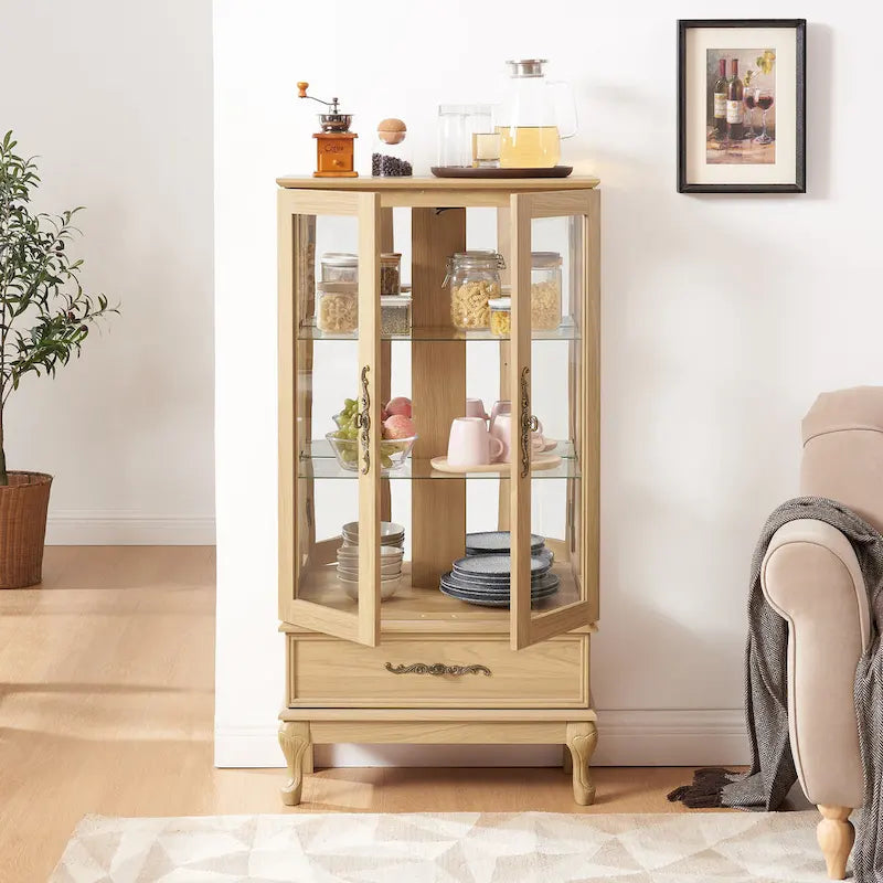Lighted Glass Cabinet Curio Display Cabinet with Adjustable Glass Shelves 2 Doors and 1 drawer, Glass Wine Cabinet