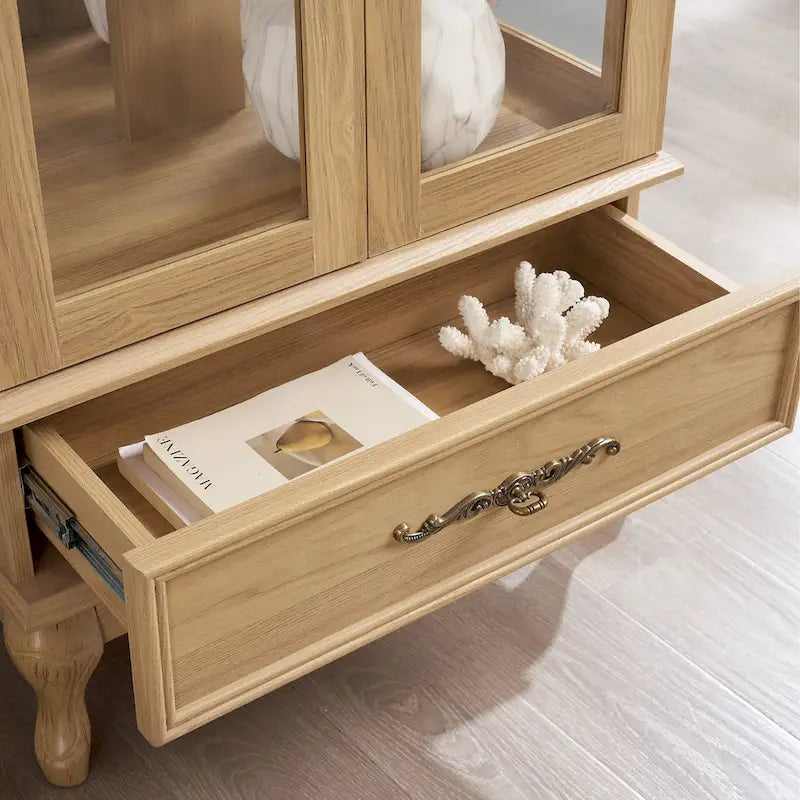 Lighted Glass Cabinet Curio Display Cabinet with Adjustable Glass Shelves 2 Doors and 1 drawer, Glass Wine Cabinet