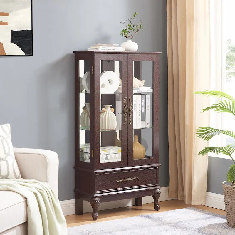 Lighted Glass Cabinet Curio Display Cabinet with Adjustable Glass Shelves 2 Doors and 1 drawer, Glass Wine Cabinet