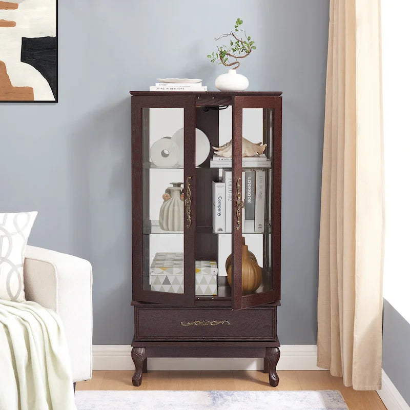 Lighted Glass Cabinet Curio Display Cabinet with Adjustable Glass Shelves 2 Doors and 1 drawer, Glass Wine Cabinet