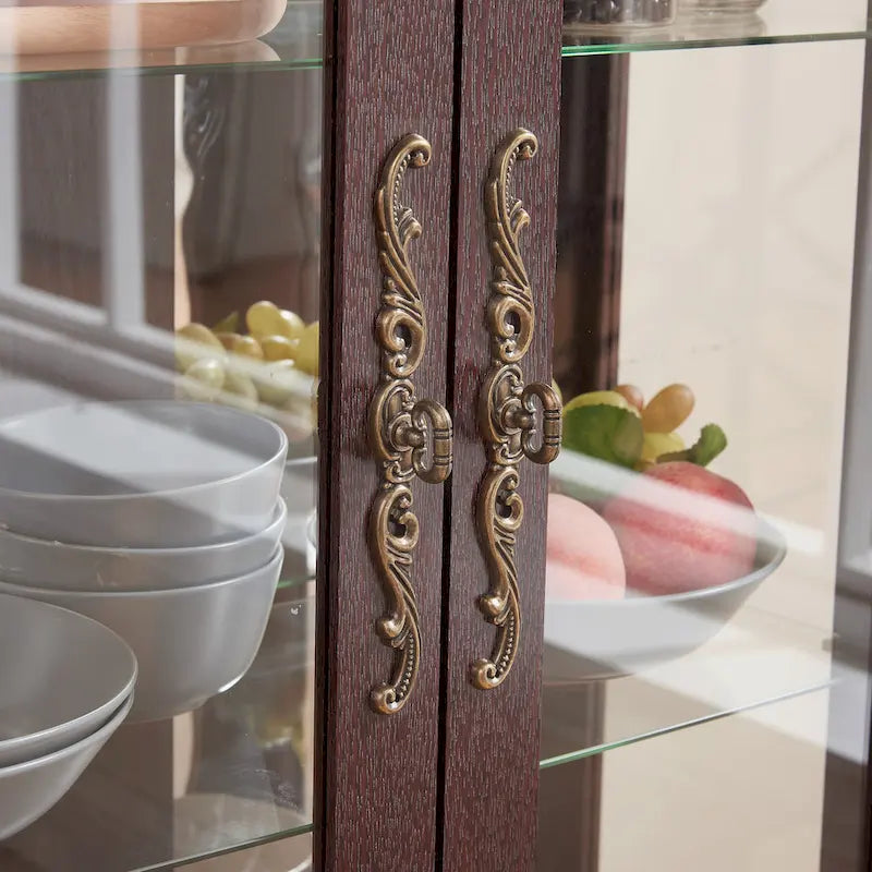 Lighted Glass Cabinet Curio Display Cabinet with Adjustable Glass Shelves 2 Doors and 1 drawer, Glass Wine Cabinet