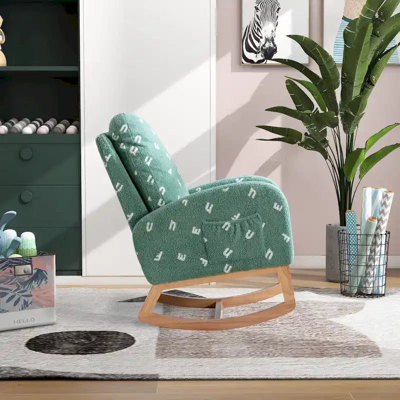 Green Boucle Upholstered High Back Rocking Chair with Side Pocket