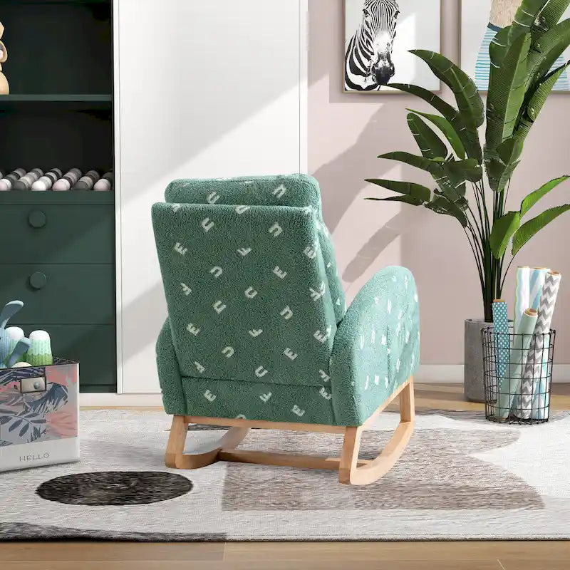 Groene, met bouclé gestoffeerde schommelstoel met hoge rugleuning en zijvak