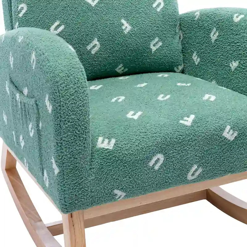 Groene, met bouclé gestoffeerde schommelstoel met hoge rugleuning en zijvak