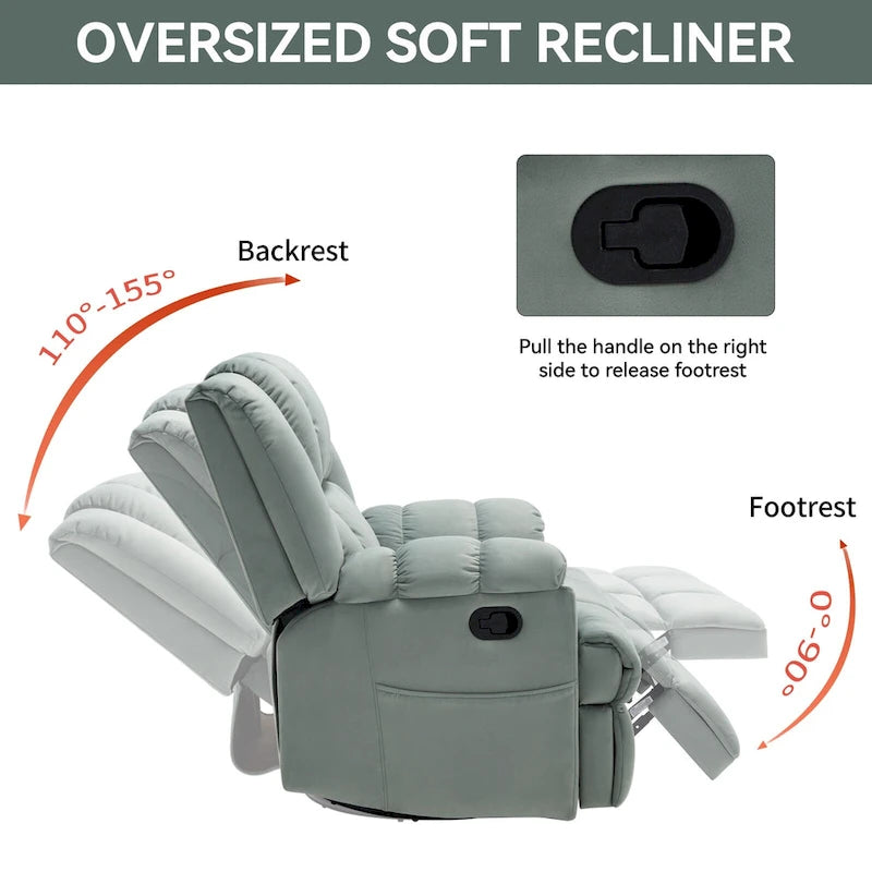 Oversized Swivel Rocker Recliner, Footrest, Pockets, Manual