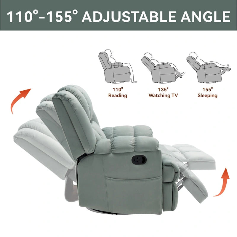 Oversized Swivel Rocker Recliner, Footrest, Pockets, Manual