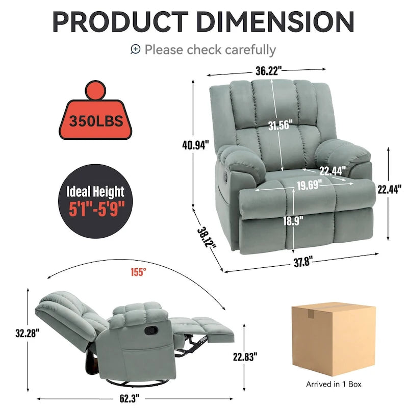 Oversized Swivel Rocker Recliner, Footrest, Pockets, Manual