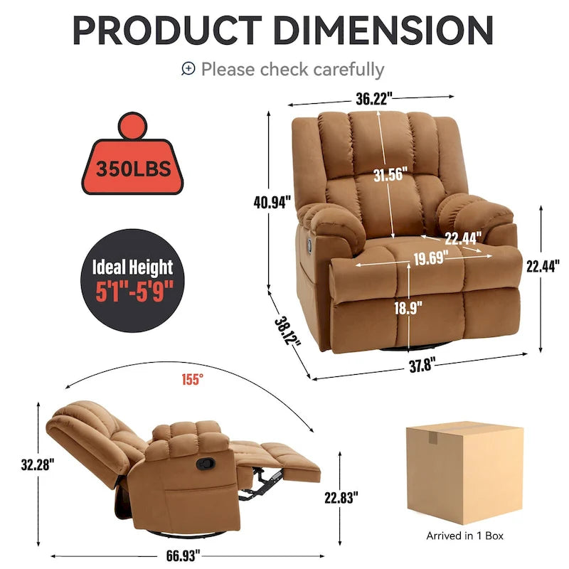 Oversized Swivel Rocker Recliner, Footrest, Pockets, Manual