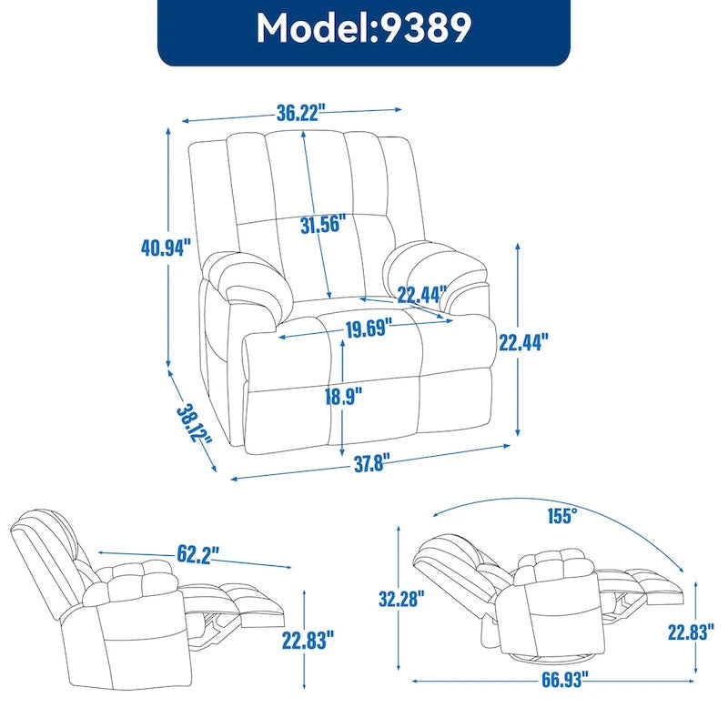 Oversized Swivel Rocker Recliner, Footrest, Pockets, Manual