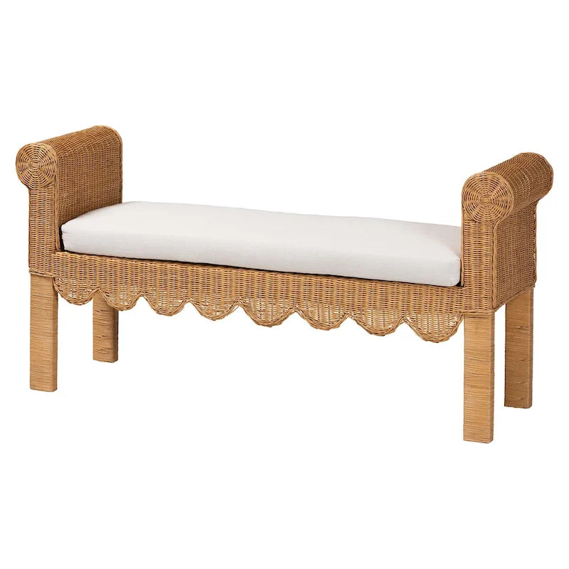 Handwoven Natural Rattan Bench with Scalloped Detailing - Boho Farmhouse Entryway, Bedroom, or Living Room Seating