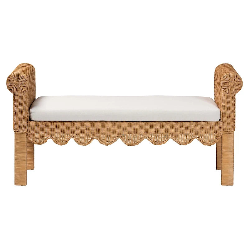 Handwoven Natural Rattan Bench with Scalloped Detailing - Boho Farmhouse Entryway, Bedroom, or Living Room Seating