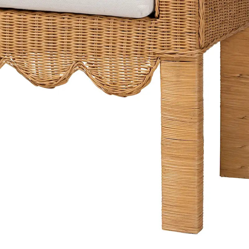 Handwoven Natural Rattan Bench with Scalloped Detailing - Boho Farmhouse Entryway, Bedroom, or Living Room Seating
