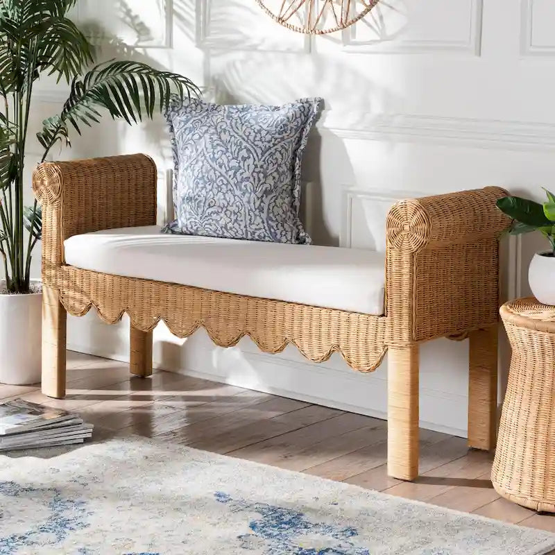 Handwoven Natural Rattan Bench with Scalloped Detailing - Boho Farmhouse Entryway, Bedroom, or Living Room Seating