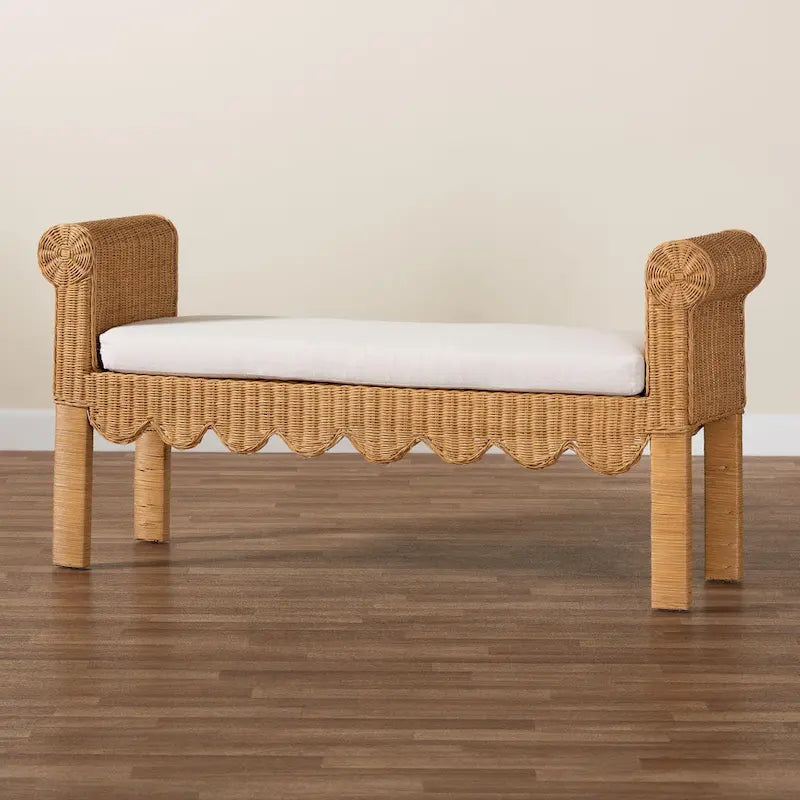 Handwoven Natural Rattan Bench with Scalloped Detailing - Boho Farmhouse Entryway, Bedroom, or Living Room Seating