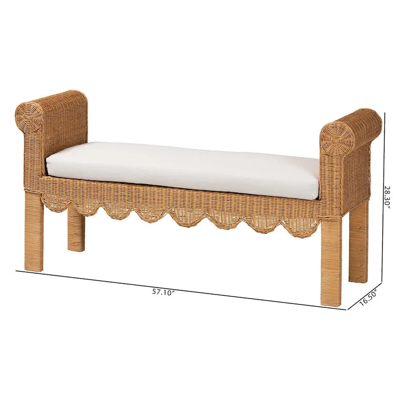 Handwoven Natural Rattan Bench with Scalloped Detailing - Boho Farmhouse Entryway, Bedroom, or Living Room Seating