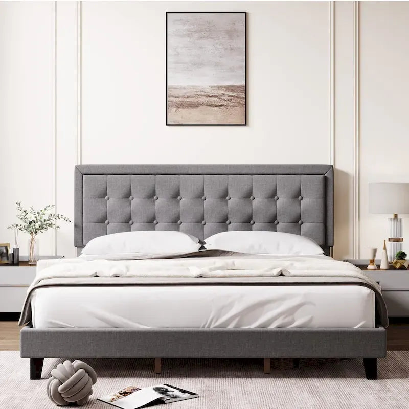 King Size Upholstered Platform Bed Frame with Adjustable Headboard