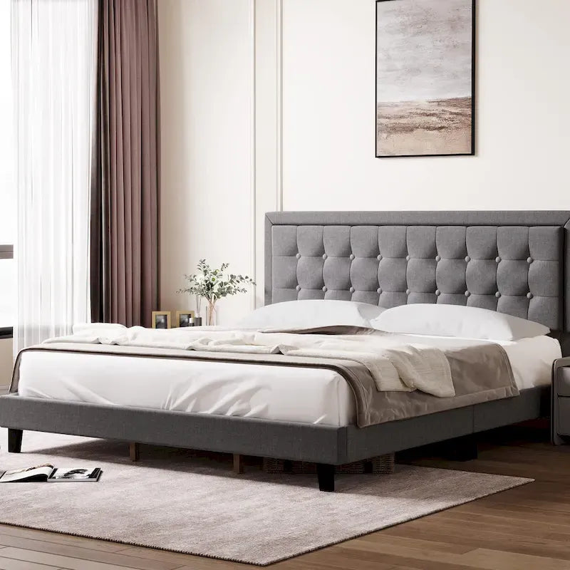 King Size Upholstered Platform Bed Frame with Adjustable Headboard