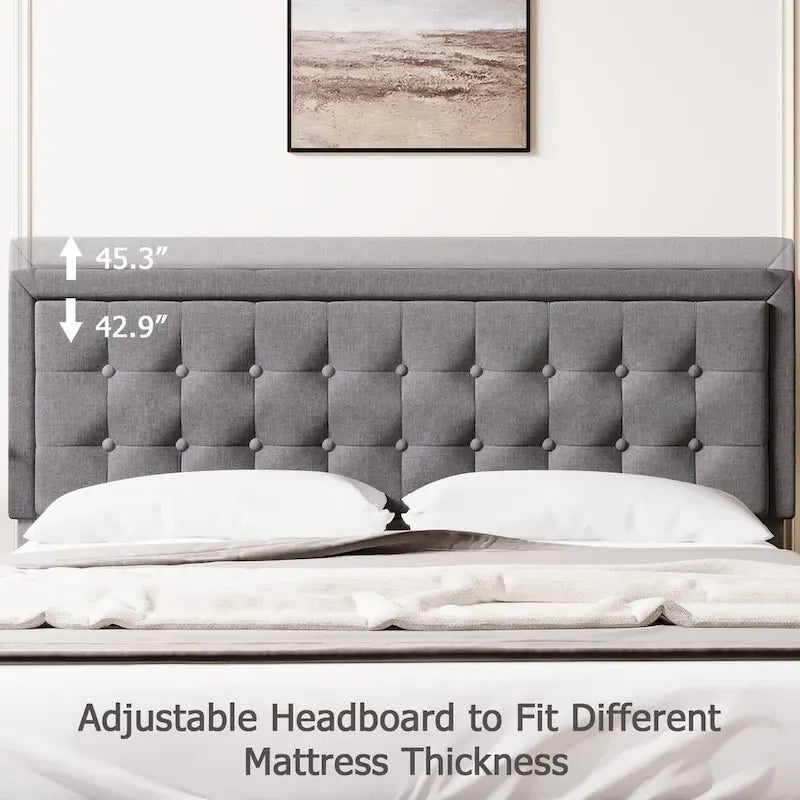 King Size Upholstered Platform Bed Frame with Adjustable Headboard