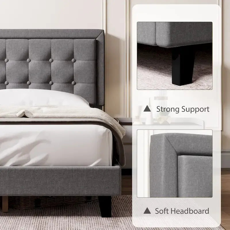 King Size Upholstered Platform Bed Frame with Adjustable Headboard