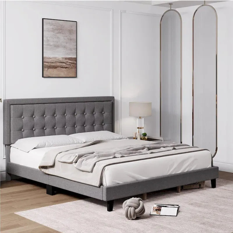 King Size Upholstered Platform Bed Frame with Adjustable Headboard