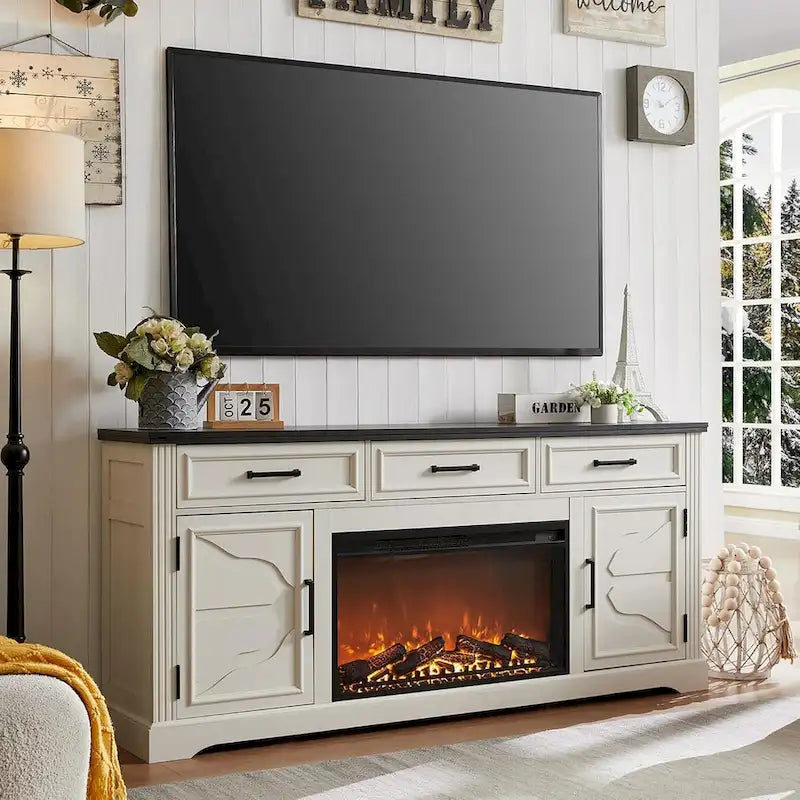 TV-Ständer mit Kamin für Fernseher bis 80 Zoll und Stauraum
