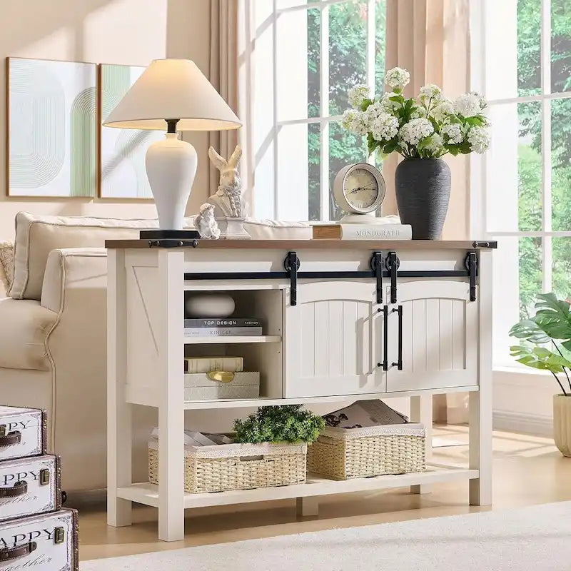 Farmhouse Console Table with Sliding Doors, 46-Inch
