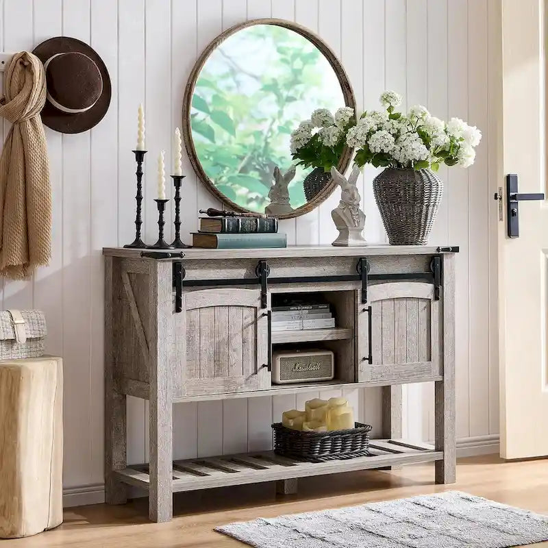 Farmhouse Console Table with Sliding Doors, 46-Inch