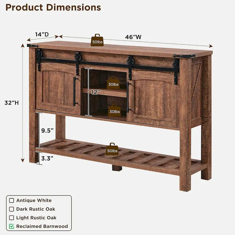 Farmhouse Console Table with Sliding Doors, 46-Inch