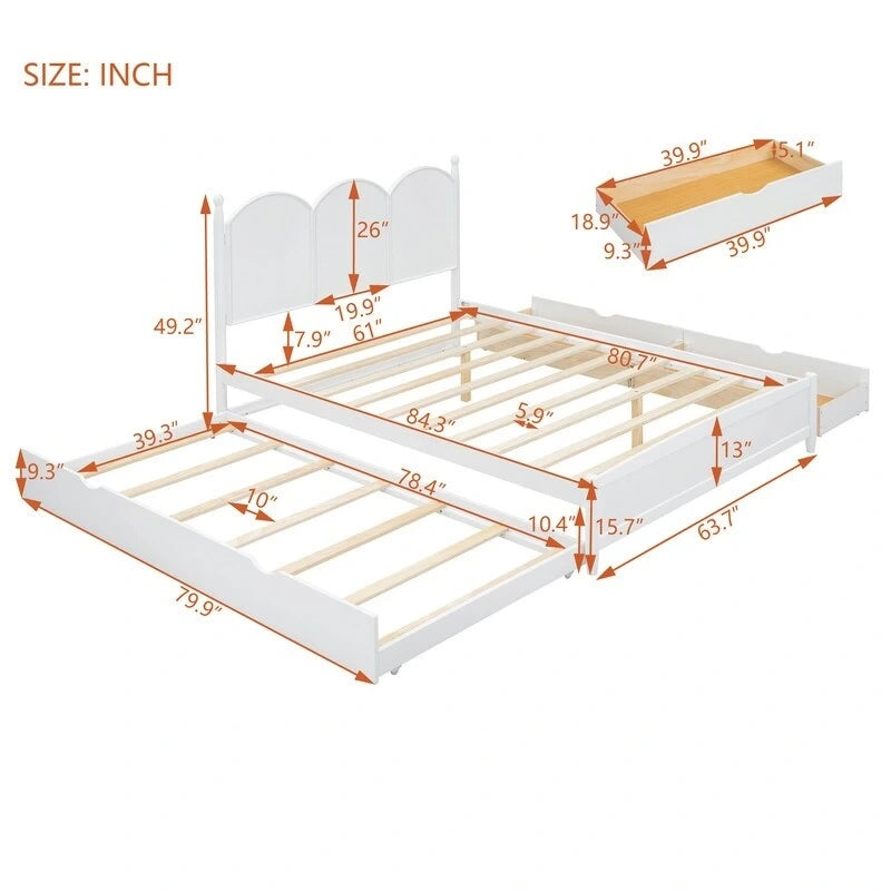 Queen Size Platform Bed with Vintage Headboard, Multifunctional Storage Bed Frame with Twin XL Size Trundle & 2 Drawers