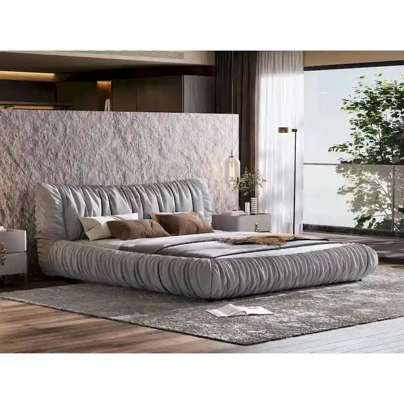 Light Grey King Size Luxury Upholstered Platform Bed