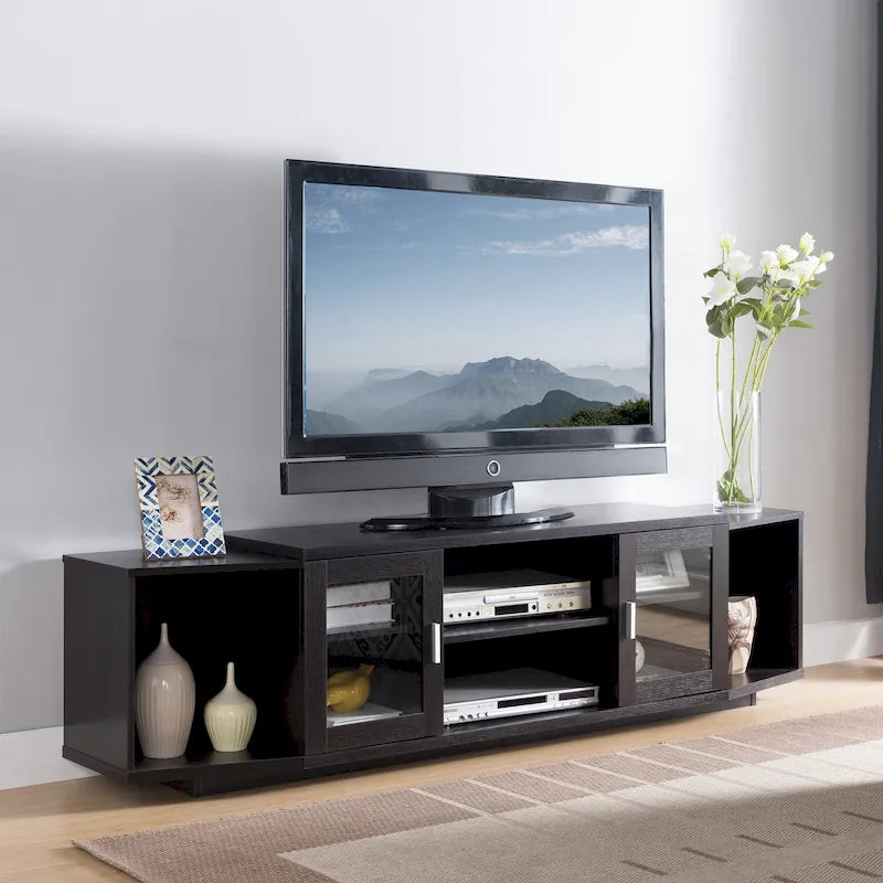 Moderner 72-Zoll-TV-Ständer mit Glasschränken und offenen Fächern