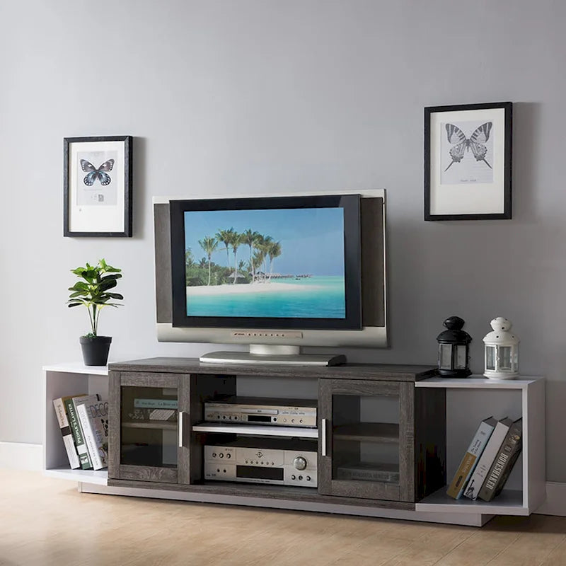 Moderner 72-Zoll-TV-Ständer mit Glasschränken und offenen Fächern