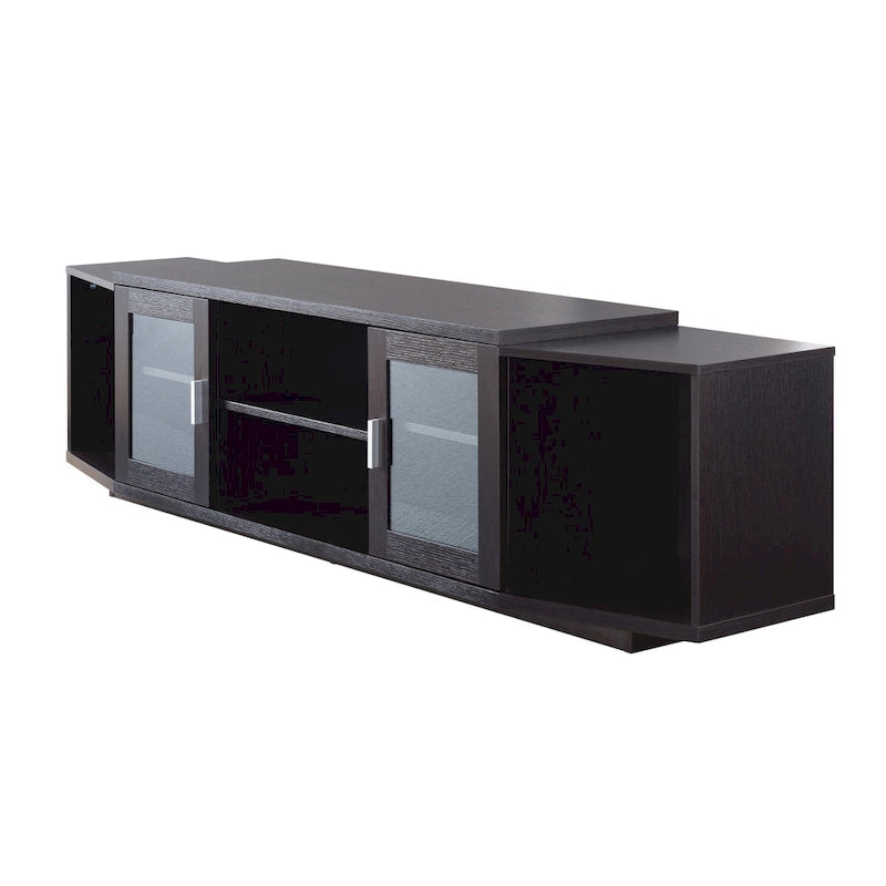 Moderner 72-Zoll-TV-Ständer mit Glasschränken und offenen Fächern
