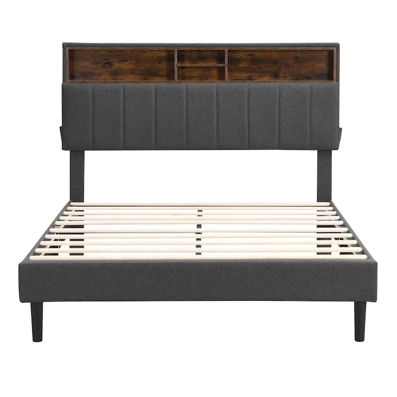 Lit plateforme rembourré grand format avec tête de lit de rangement et ports USB