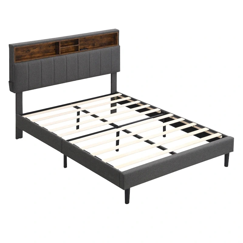 Full-Size Upholstered Platform Bed with Storage Headboard and USB Ports