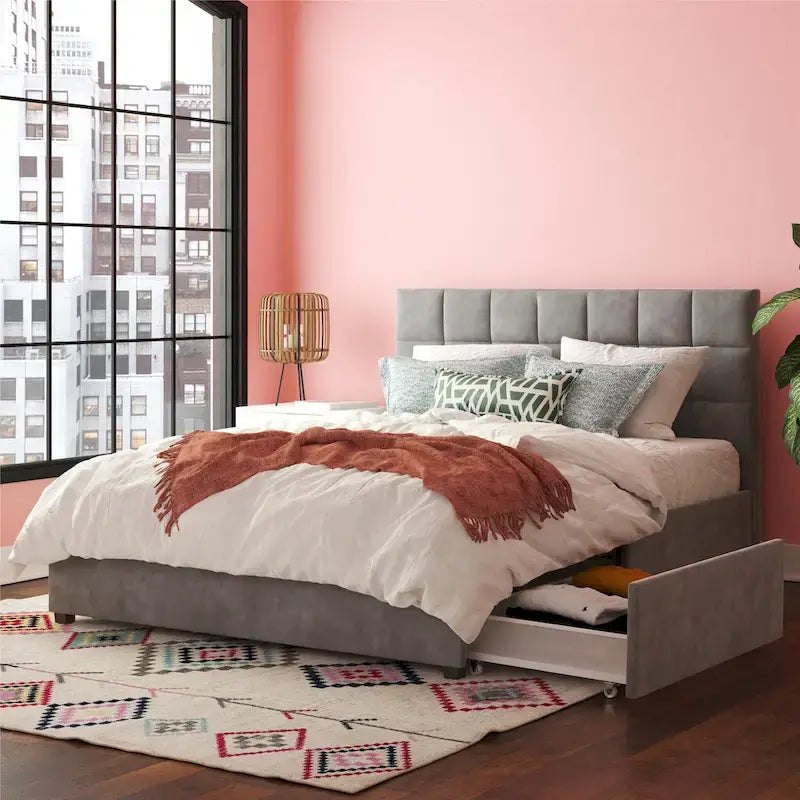 Velvet Upholstered Storage Bed with 4 Drawers and Tufted Headboard
