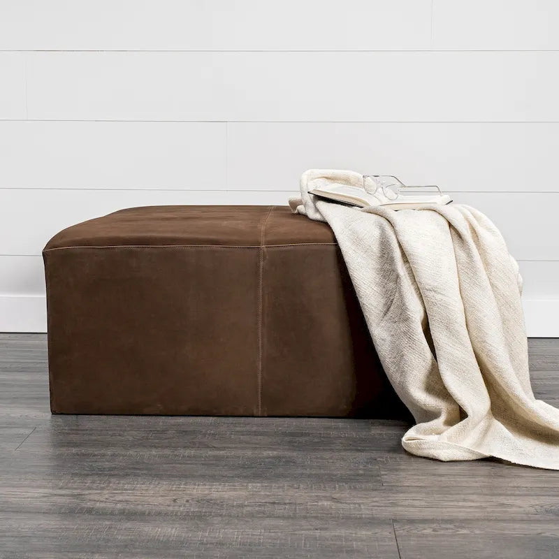 Black Genuine Leather w/ Gold Metal Base 36 Square Ottoman