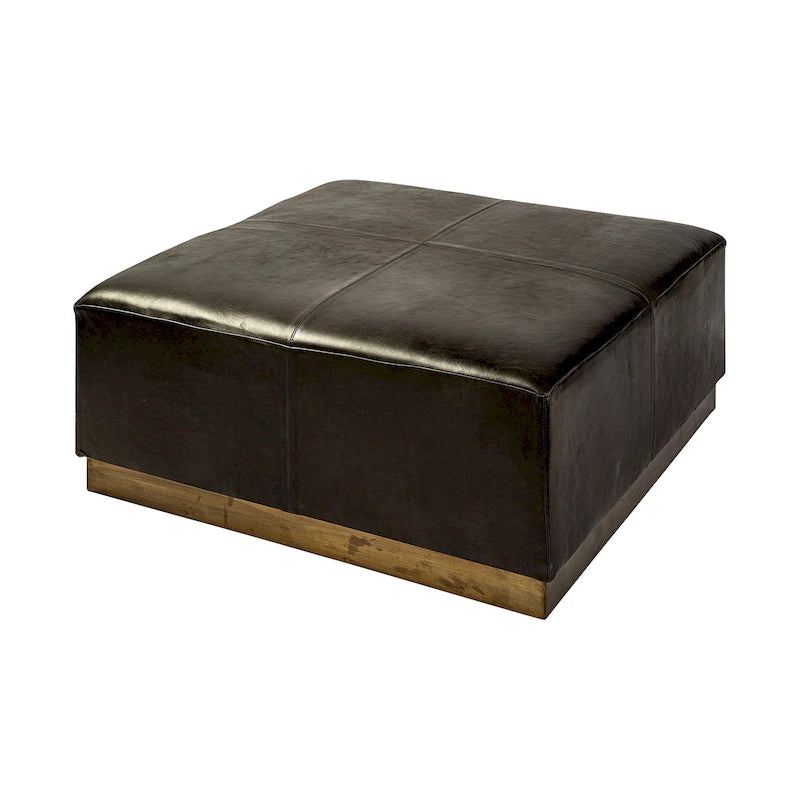 Black Genuine Leather w/ Gold Metal Base 36 Square Ottoman