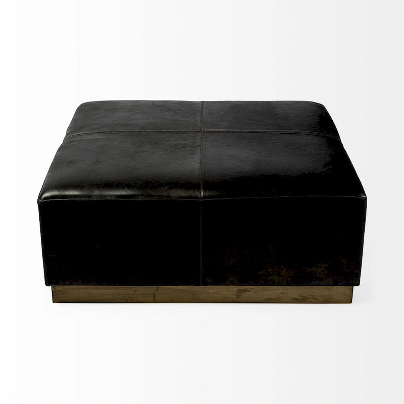 Black Genuine Leather w/ Gold Metal Base 36 Square Ottoman