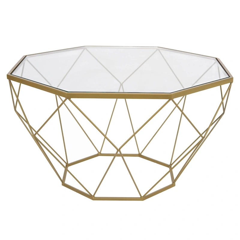 22 Modern Octagon Center Coffee Table with Tempered Glass Table top & Sturdy Metal Geometric Base for Living Room Office