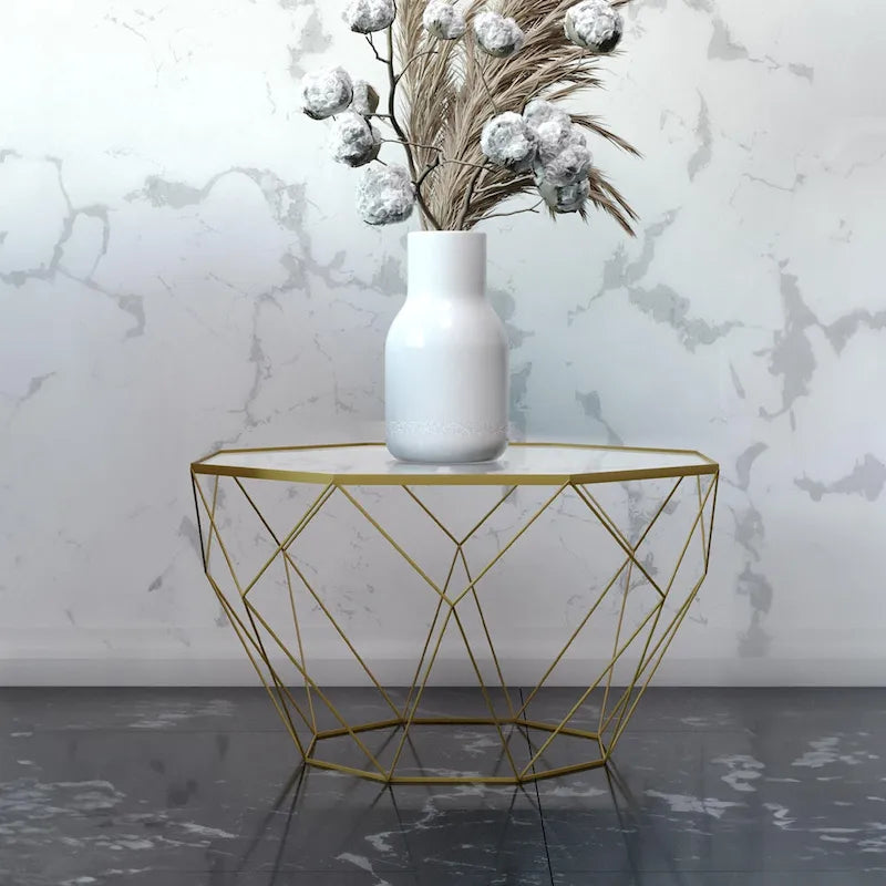 22 Modern Octagon Center Coffee Table with Tempered Glass Table top & Sturdy Metal Geometric Base for Living Room Office