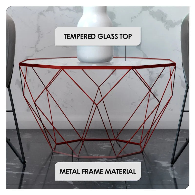 22 Modern Octagon Center Coffee Table with Tempered Glass Table top & Sturdy Metal Geometric Base for Living Room Office