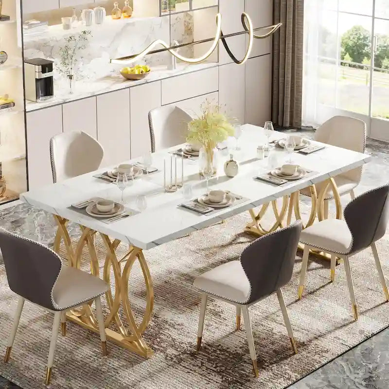 Tavolo da pranzo rettangolare da 63 pollici con piano effetto marmo, bianco e oro
