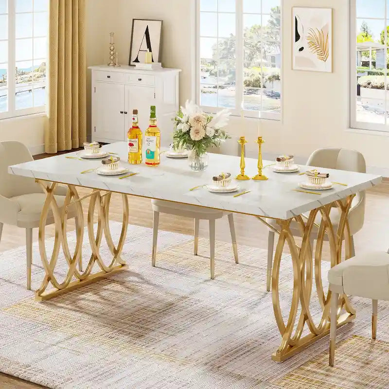 63-Inch Rectangular Dining Table with Faux Marble Top, White and Gold