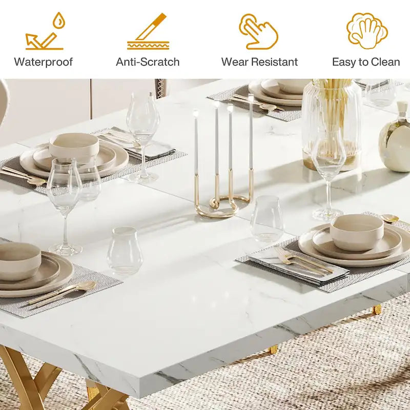 Tavolo da pranzo rettangolare da 63 pollici con piano effetto marmo, bianco e oro