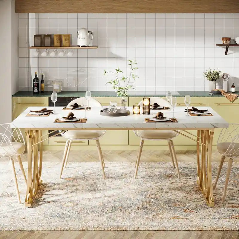 Tavolo da pranzo rettangolare da 63 pollici con piano effetto marmo, bianco e oro